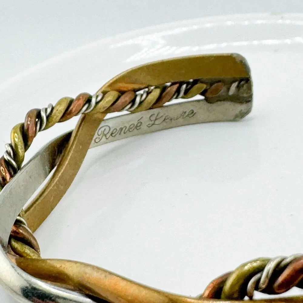 Signed Renee Lepre 925 Copper Brass Cuff Vintage Bracelet Mixed Metal Artisan